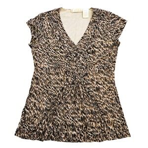 Worthington Womens Leopard Print Mesh V-Neck Short Sleeve Top Brown Medium